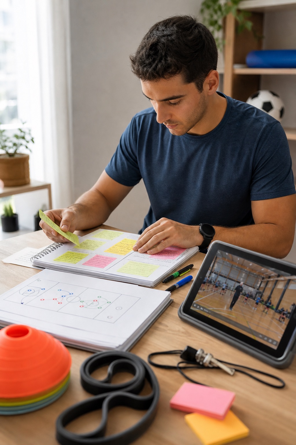 Aspirante de Educación Física organizando apuntes, recursos digitales y material deportivo
