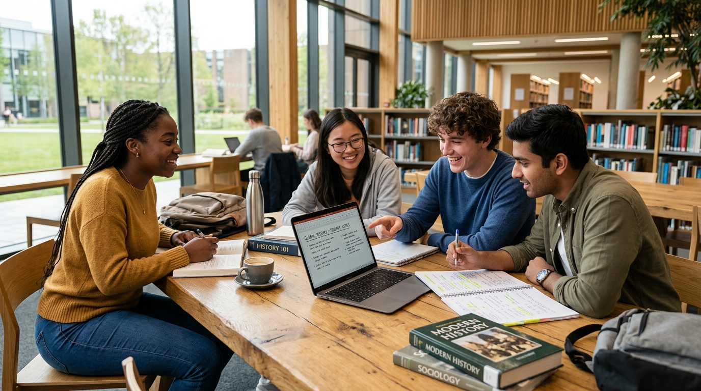 Estudiantes en una mesa de biblioteca colaborando y repasando clases con su portátil